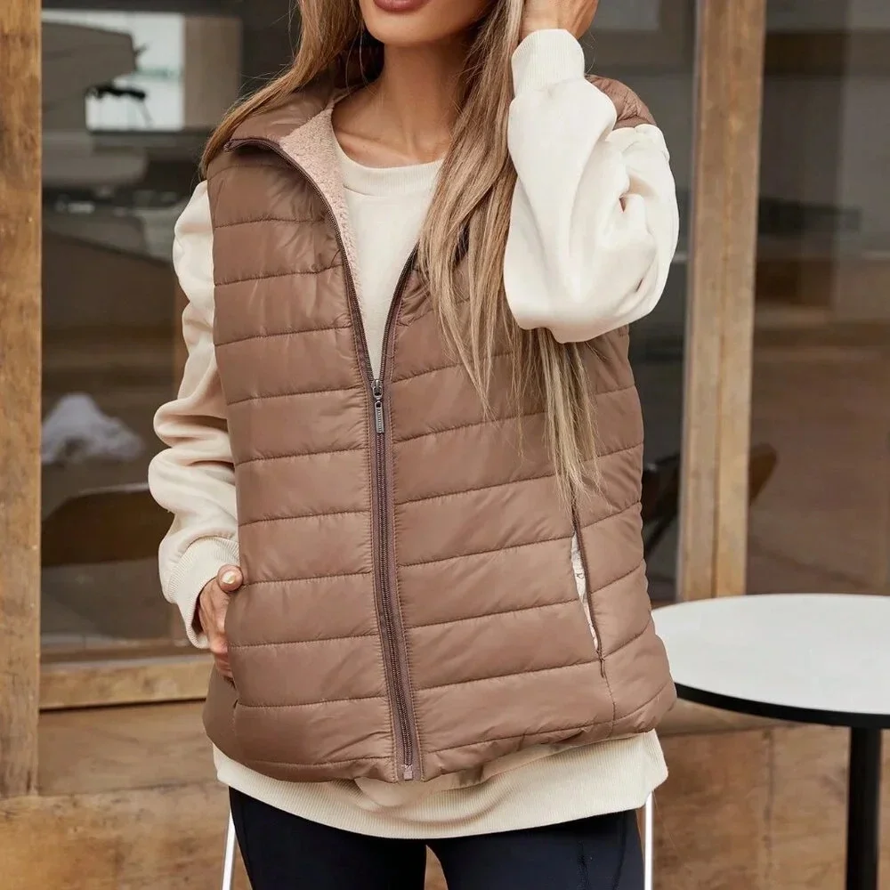 Coffee Brown Casual Women's Clothes Style Sleeveless Short Stand Collar Vest - Picture 5 of 6